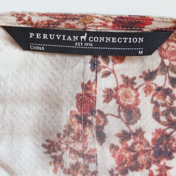 Peruvian Connection Beige Rusty Brown Floral Long Sleeve Ruffle Wrap Blouse Top - Picture 9 of 12